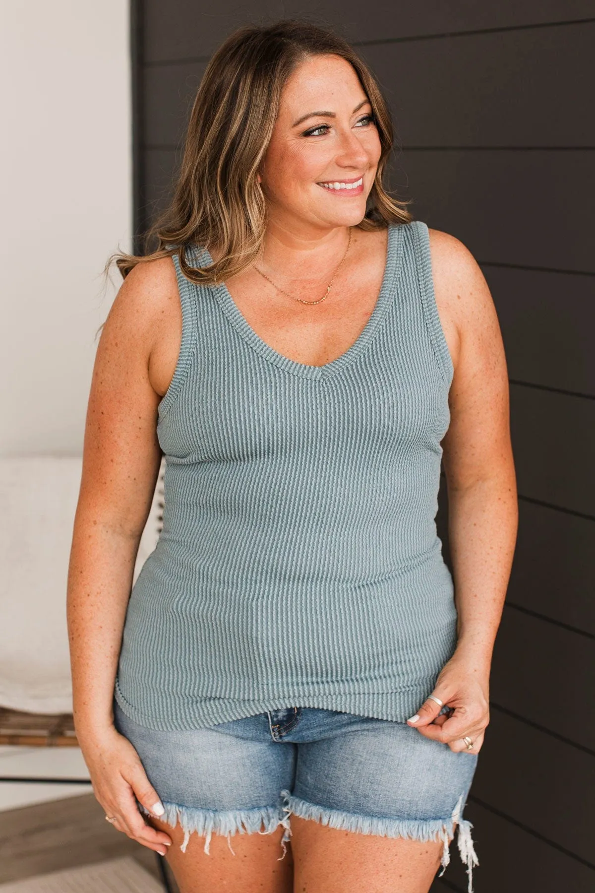 Ribbed Knit Tank- Dusty Teal